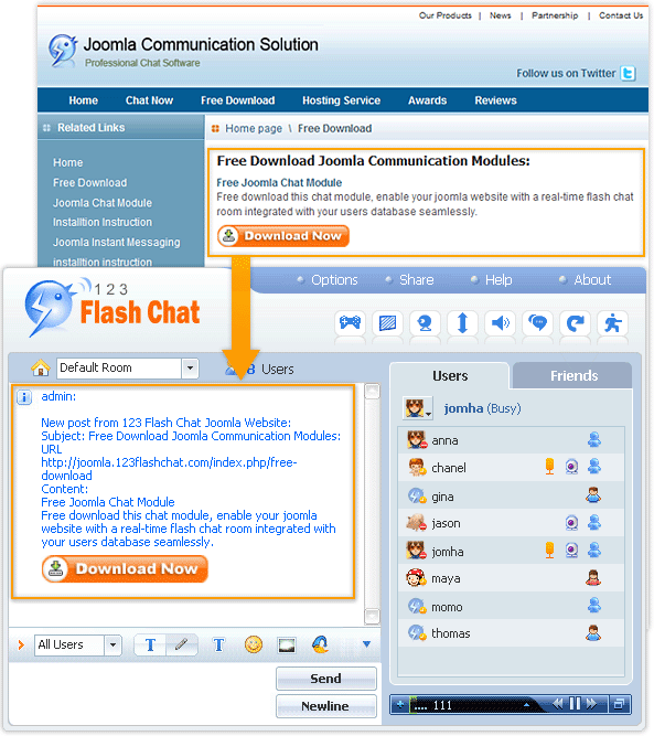 In chat room of 123 Flash Chat, online chat users get instant alert from Joomla Post Notifier Module for 123 Flash Chat Software.